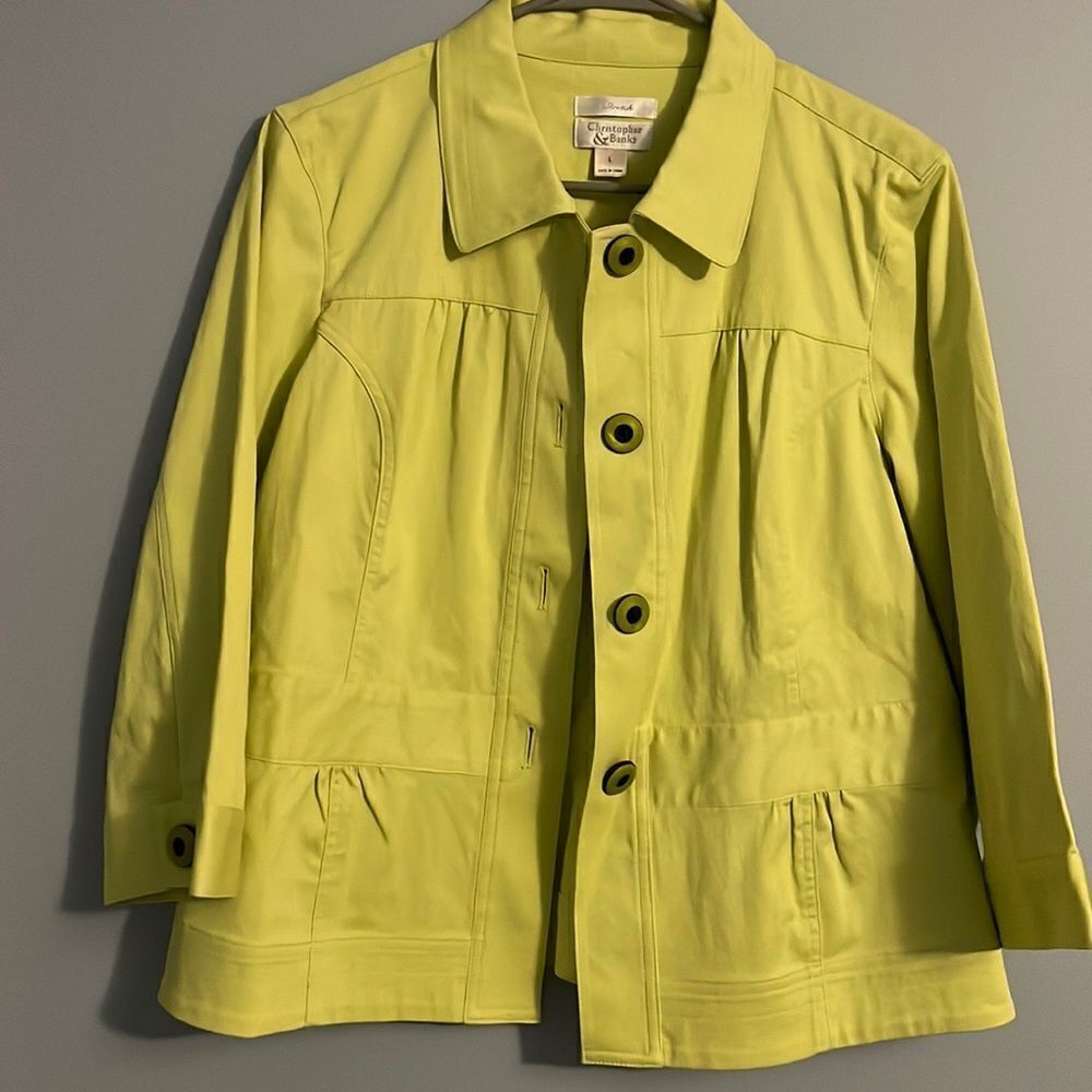 Christopher & Banks Lg Stretch Suit Jacket Funky Buttons 3/4 Sleeve Celery